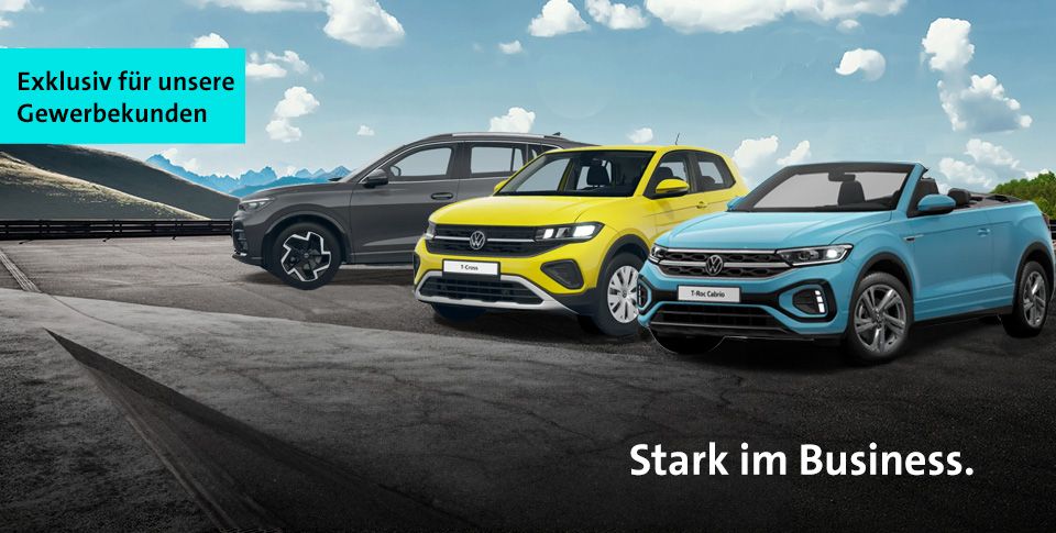 Drei VW Modelle als Kampagnenbild in grau gelb und hellblau