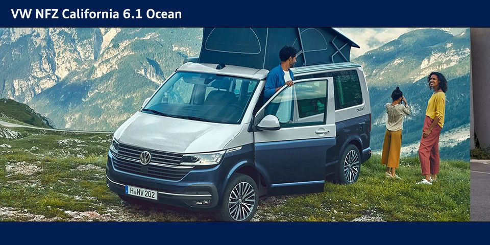 Volkswagen California 6.1 Ocean in blau silber metallic mit Ausklappdach Dachzelt in den Bergen