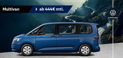 Seitenansicht eines blauen VW Multivan in einer Berglandschaft