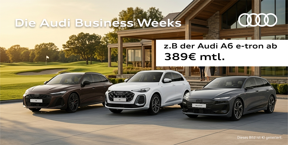 Kampagnenbild A6, Q5 und A6 etron vor einem Golfplatz bei Abendd&auml;mmerung