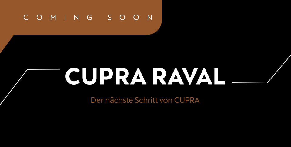 Teaser-Grafik zum vollelektrischen CUPRA Raval mit Schriftzug 'Coming Soon'