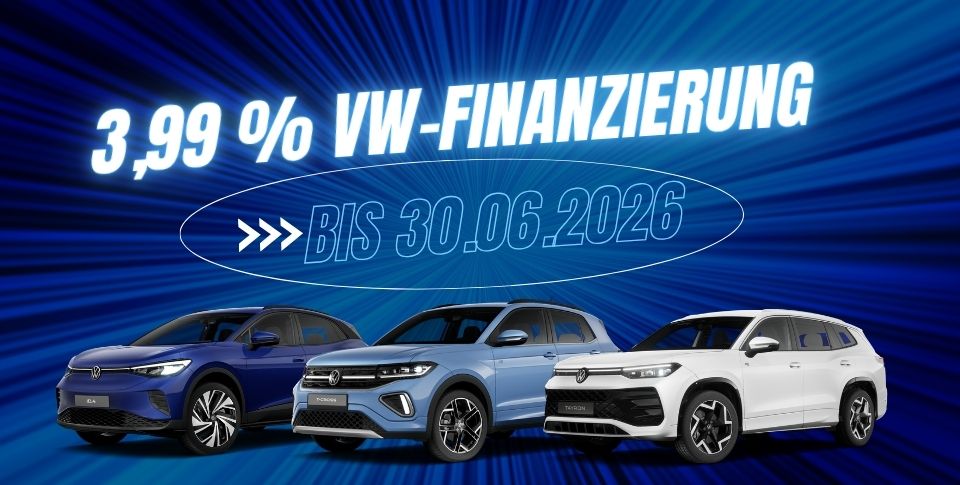 3,99 % VW-Finanzierung bis 31.03.2026 VW ID 4 in Blau abgebildet, VW _Tcross in blau sowie VW Tyron in weiss abgebildet