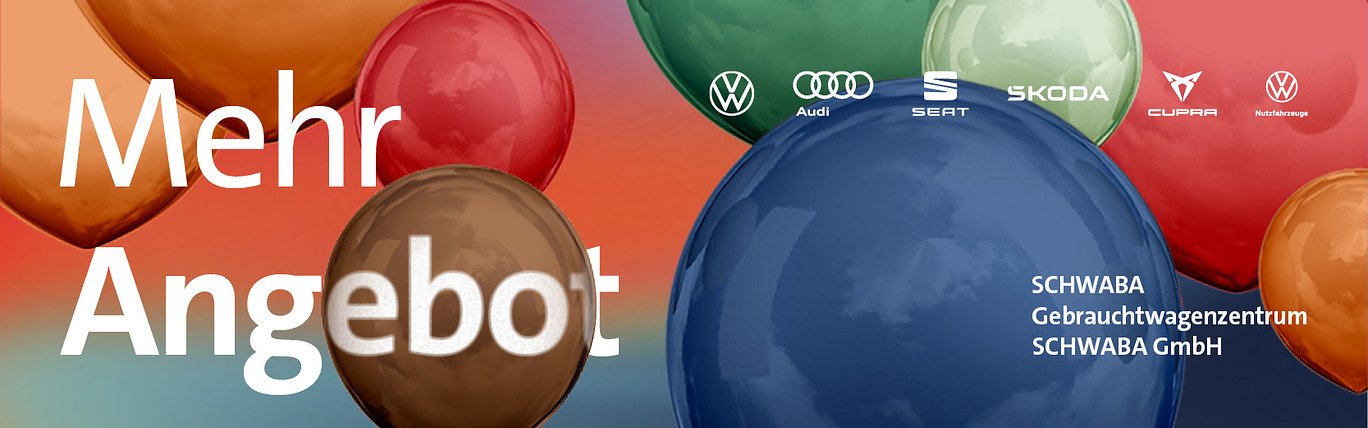 Schwaba Gebrauchtwagenzentrum abbgebildet mit Luftballons und Einladung zur Erf&ouml;ffnungsfeier am 12.07. um 10-15 Uhr