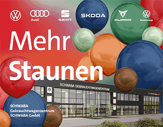 Schwaba Gebrauchtwagenzentrum abbgebildet mit Luftballons und Einladung zur Erf&ouml;ffnungsfeier am 12.07. um 10-15 Uhr