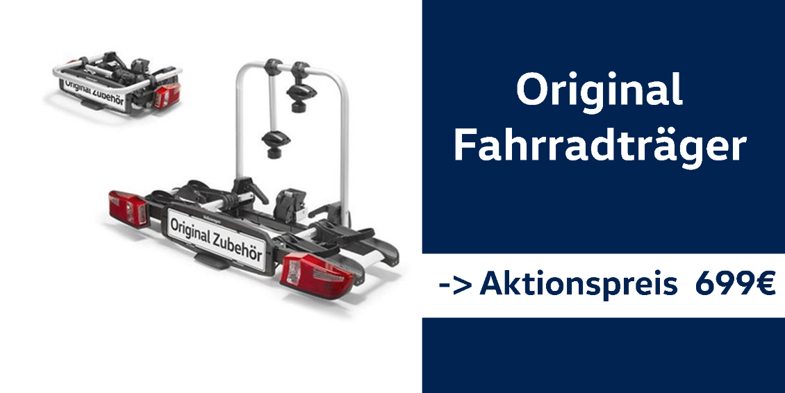 Bild mit Fahrradtr&auml;ger auf der linken Seite und rechts mit Aufschrift: "Original Fahrradtr&auml;ger, Aktionspreis 699&euro;"
