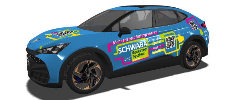 Cupra Tavascan KI Bild mit bunter Fahrzeugbeklebung