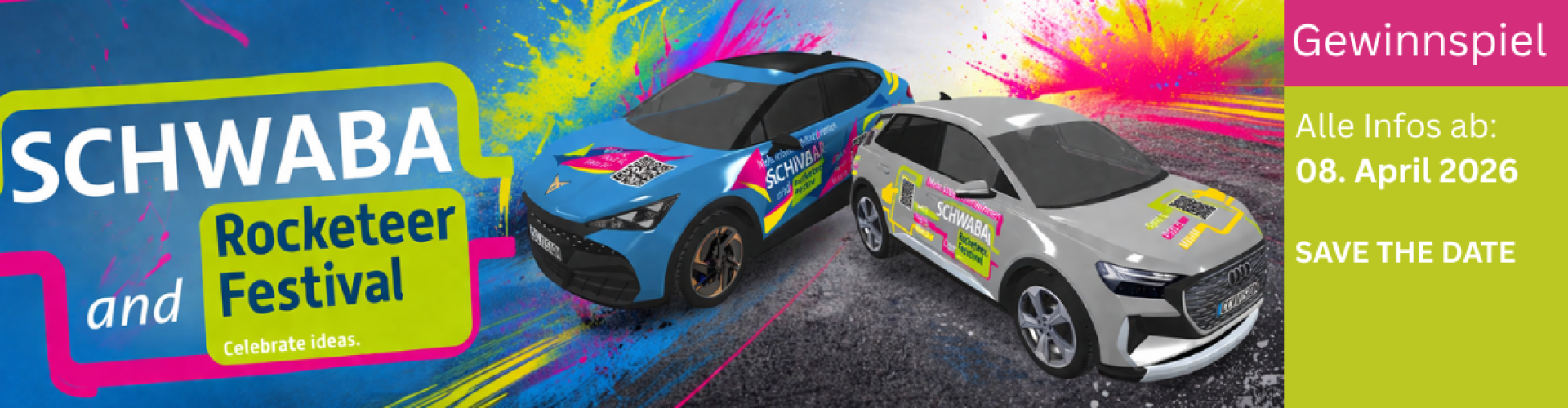 Schwaba an Rocketeer Festival grafische Abbildung tavascan und Audi Q4 Gewinnspiel ab 08,04. Save the date