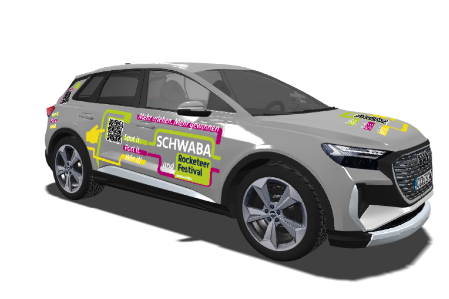 Audi Q4 e-tron KI Bild mit bunter Fahrzeugbeklebung