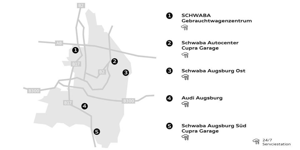Landkarte zeigt Standorte der Schwaba und Audi Autoh&auml;user in Augsburg