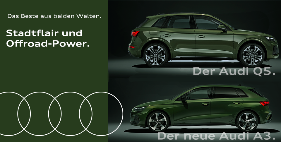 Seitenansichten des Audi Q5 und A3 in dunkelgrün